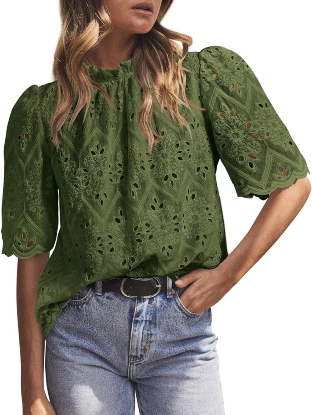 Eyelet Embroidered Blouse from Pretty Garden | Olive Green Size M